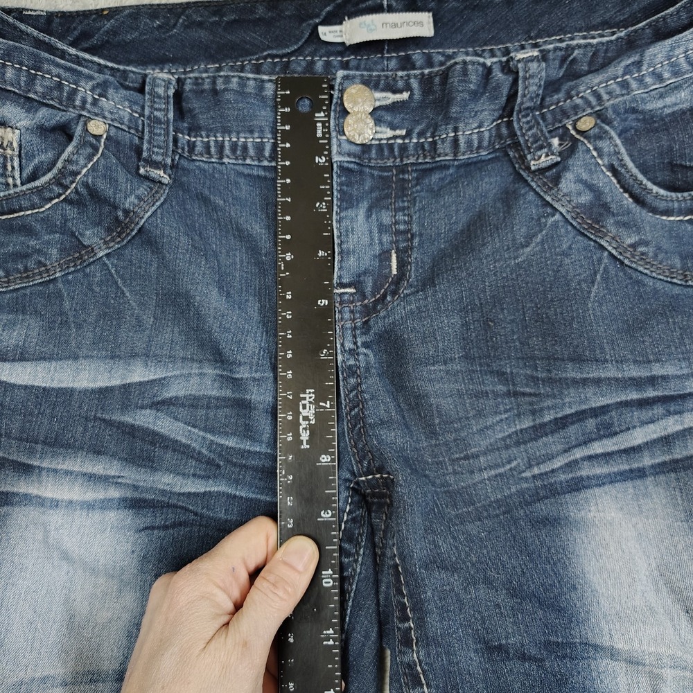 Maurices‎ curvy womens Y2k embroidered bootcut jeans 14 stretch mid rise *HEMMED - Picture 3 of 11